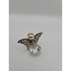 Vintage Brooch Pin Angel Crystal Gold Tone Filigree Jewelry Costume